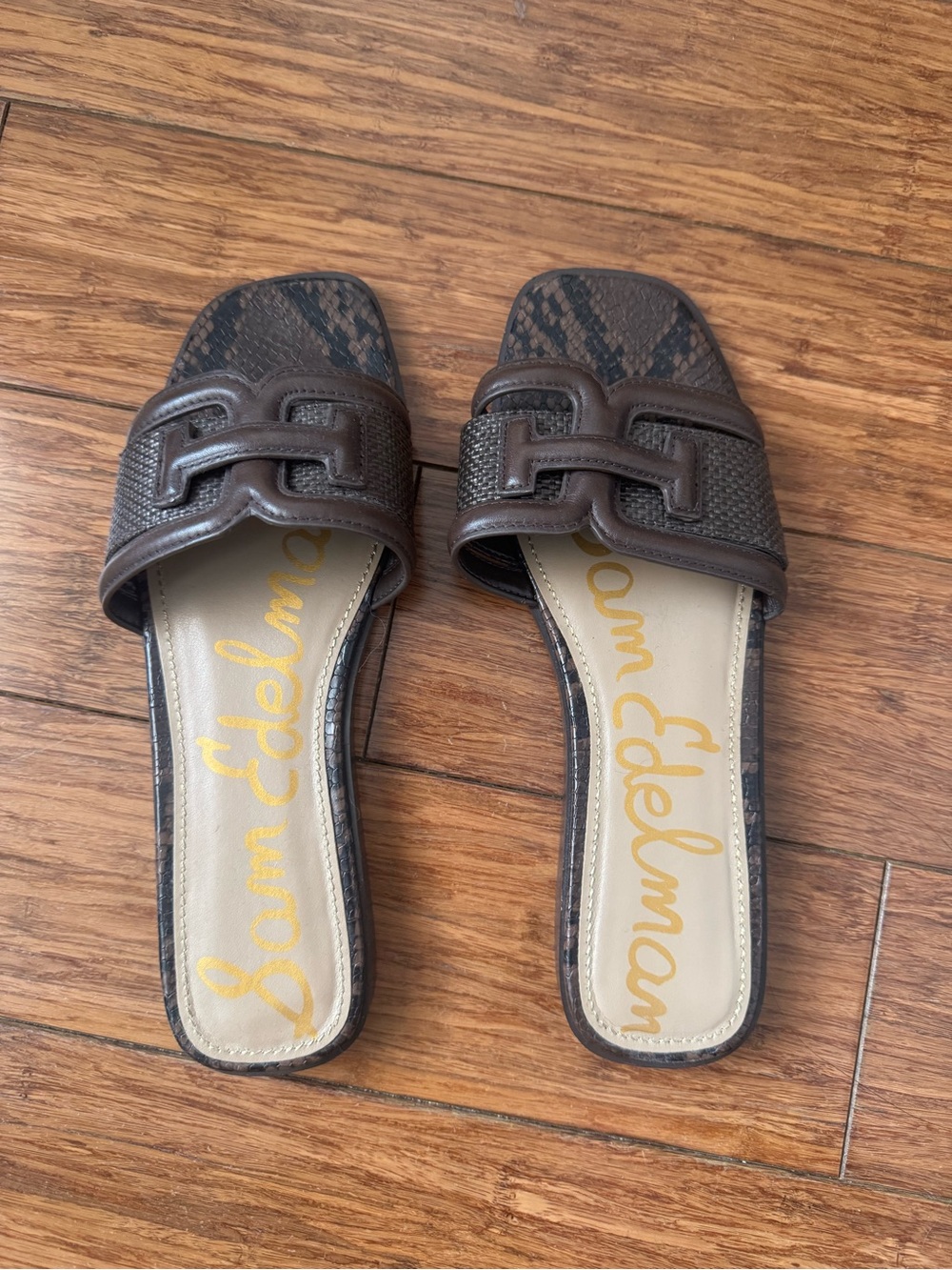 Sam Edelman Dark Brown Raffia Snake-Print Slide Sandals